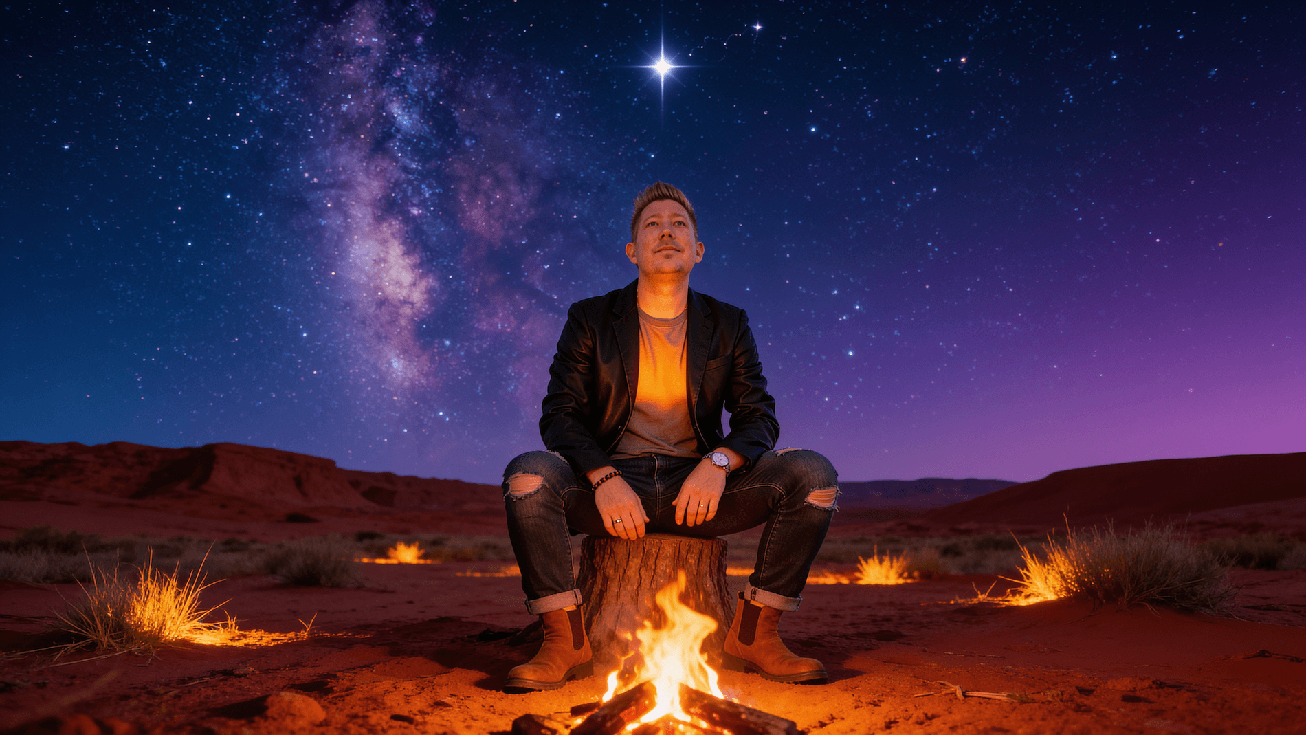 Man sitting on a log in an Australian red desert at night, lit by campfire, looking up at a breathtaking starfield with the Milky Way and Sirius blazing above, representing the Lionsgate Portal 8/8 and the rising of Sirius
