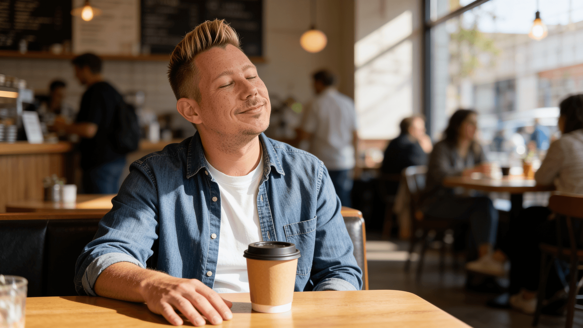 Man sitting in a warm sunlit cafe with eyes softly closed and hand open on the table, tuned inward and listening to his intuition while ordinary life continues around him