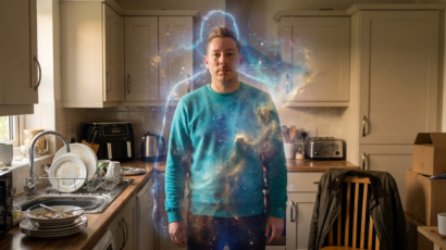 Man standing in an ordinary kitchen with a cosmic, starfield silhouette overlaid on his body, representing the idea that spirit and physical life exist in the same moment, not separately