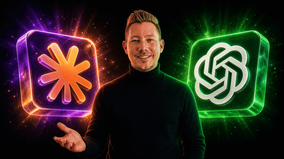 Michael from Woo and Wonder standing between glowing Claude and ChatGPT logos against a dark background, representing the coexistence of AI tools and human intuition