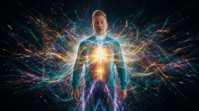 Man standing with glowing energy lines and chakra light streams emanating from different parts of his body against a dark background, representing the body as an energetic communication system sending signals and messages