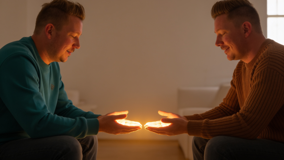 Two people sitting across from each other in a softly lit room with warm light between them, representing the shared energetic field in a healing session and the concept of frequency matching in energy work