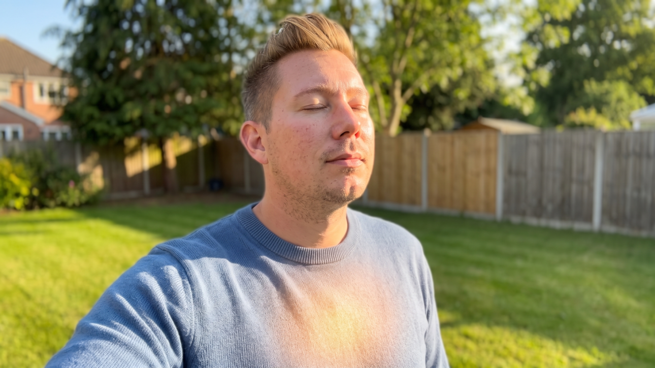 Man standing in an ordinary suburban backyard in golden afternoon light, eyes closed, with a soft inner glow at his chest, representing spirit and physical life existing together in the same moment