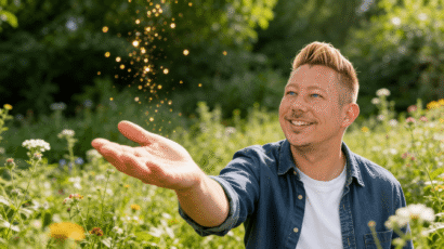 Man standing with arms open and golden and blue light radiating from his hands, chest and forehead against a dark background, representing the activation of spiritual gifts and intuitive abilities