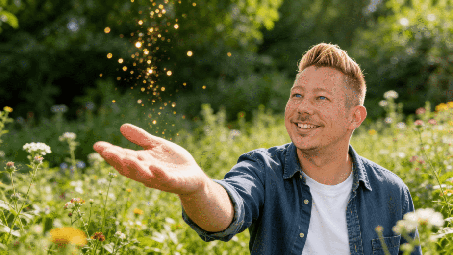 Man standing with arms open and golden and blue light radiating from his hands, chest and forehead against a dark background, representing the activation of spiritual gifts and intuitive abilities