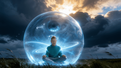 Man sitting in meditation inside a glowing translucent energy bubble in an open landscape, representing energetic protection and maintaining your own field while staying connected to the world