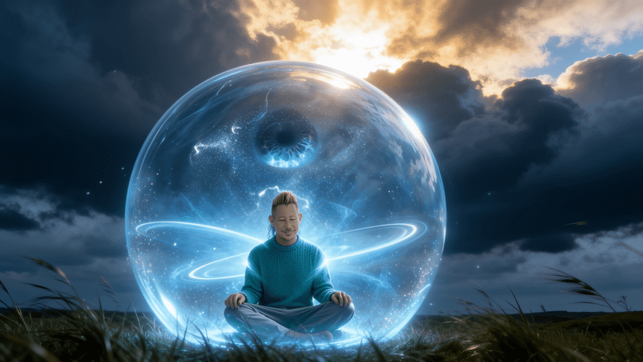 Man sitting in meditation inside a glowing translucent energy bubble in an open landscape, representing energetic protection and maintaining your own field while staying connected to the world
